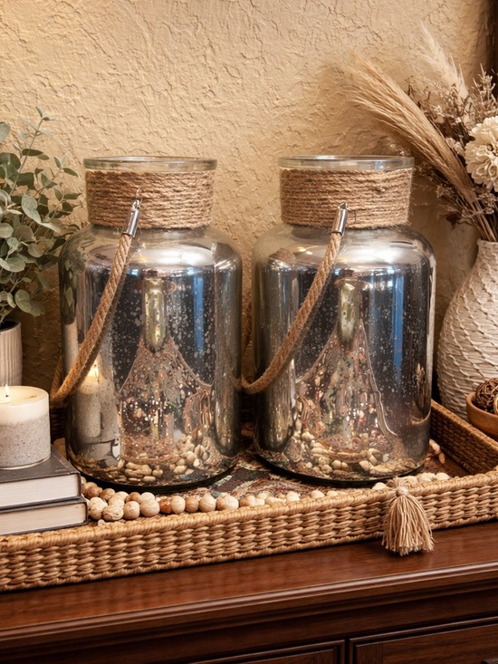 Other - Set of 2 Mercury Glass Rope-Handled Lanterns -